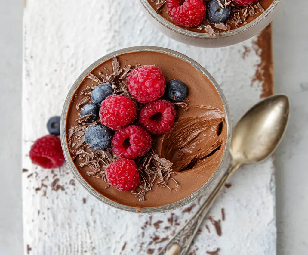 Creamy chocolate protein mousse in a glass bowl, topped with chocolate shavings and fresh berries