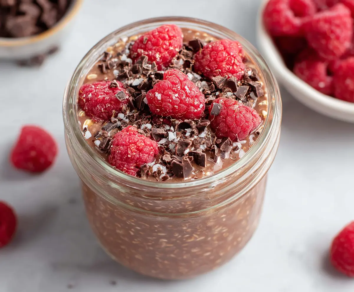 Delicious chocolate raspberry overnight oats in a glass jar with fresh berries on top.