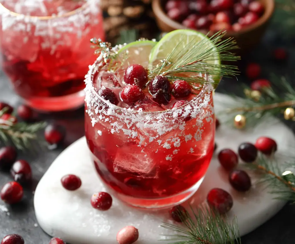 Festive Christmas Cranberry Margarita cocktail garnished with fresh cranberries and lime wedge.