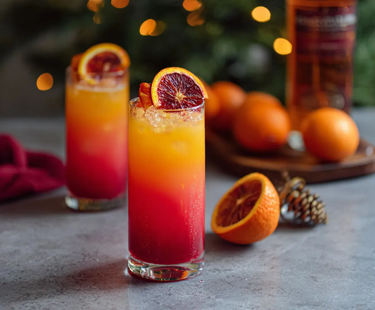 Festive Christmas Tequila Sunrise cocktail garnished with holiday decorations and served in a clear glass.