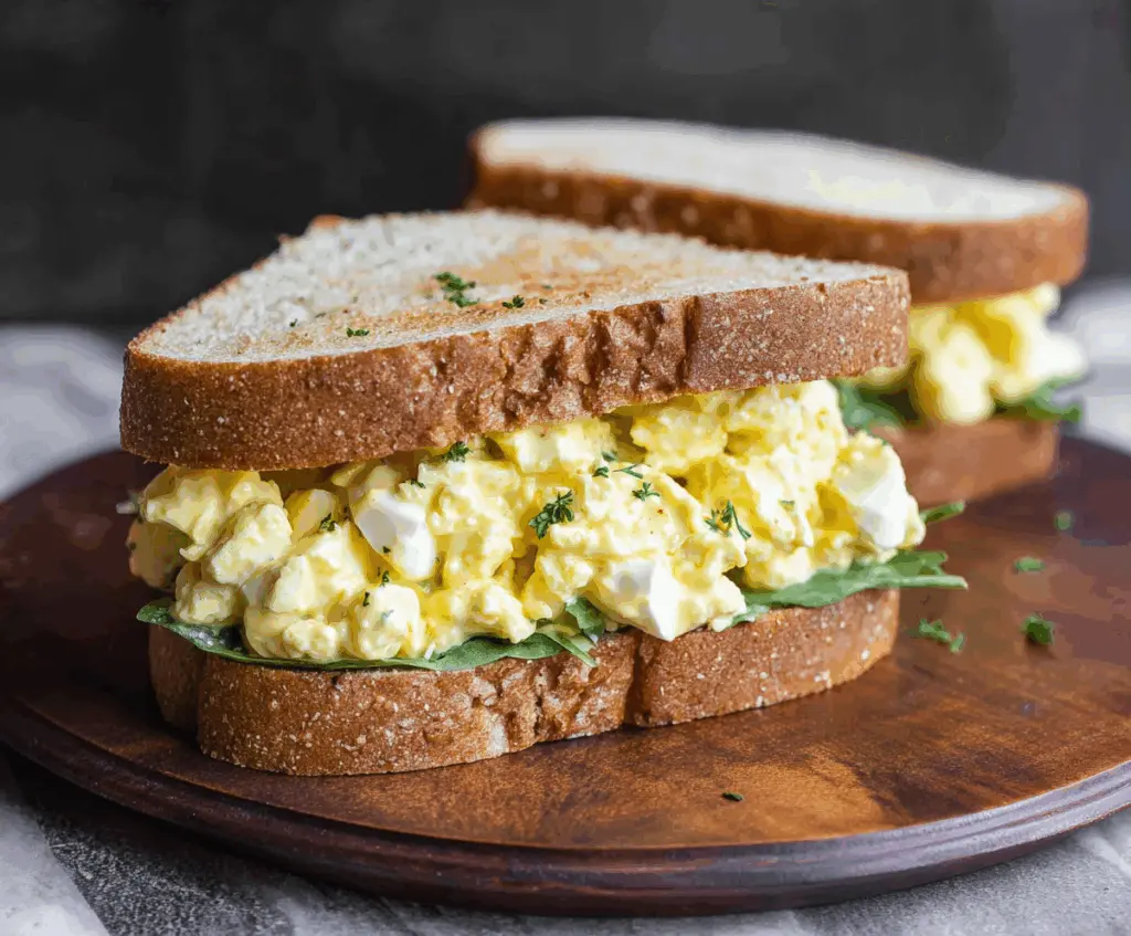 Delicious classic egg salad sandwich on whole grain bread, garnished with fresh herbs.