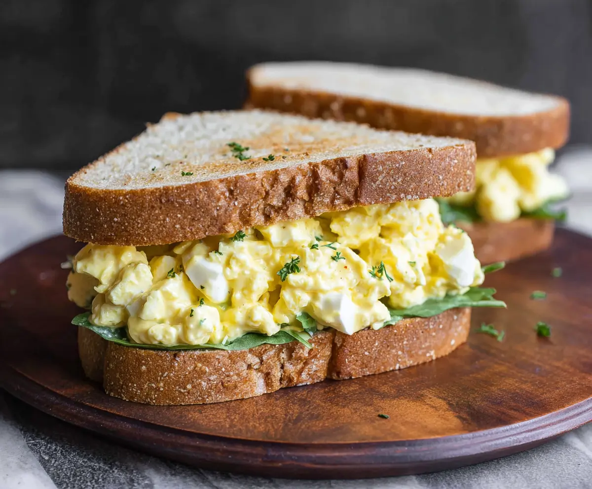Delicious classic egg salad sandwich on whole grain bread, garnished with fresh herbs.