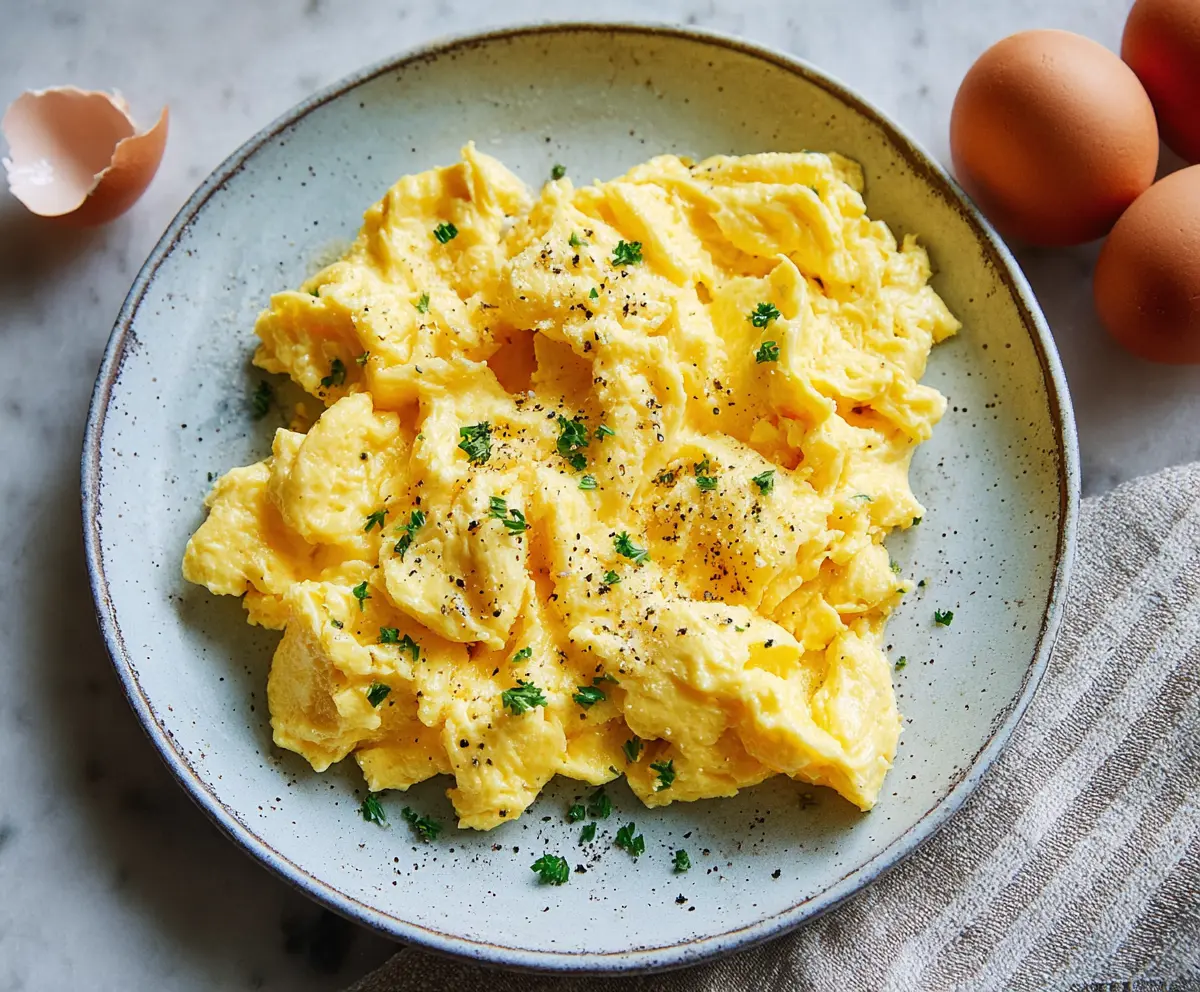 Creamy classic scrambled eggs served on a white plate, perfect for breakfast.
