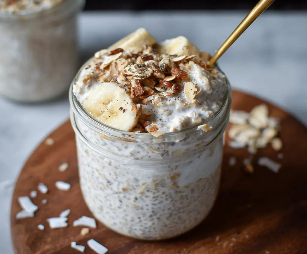 Creamy coconut overnight oats topped with fresh fruit and nuts for a healthy breakfast
