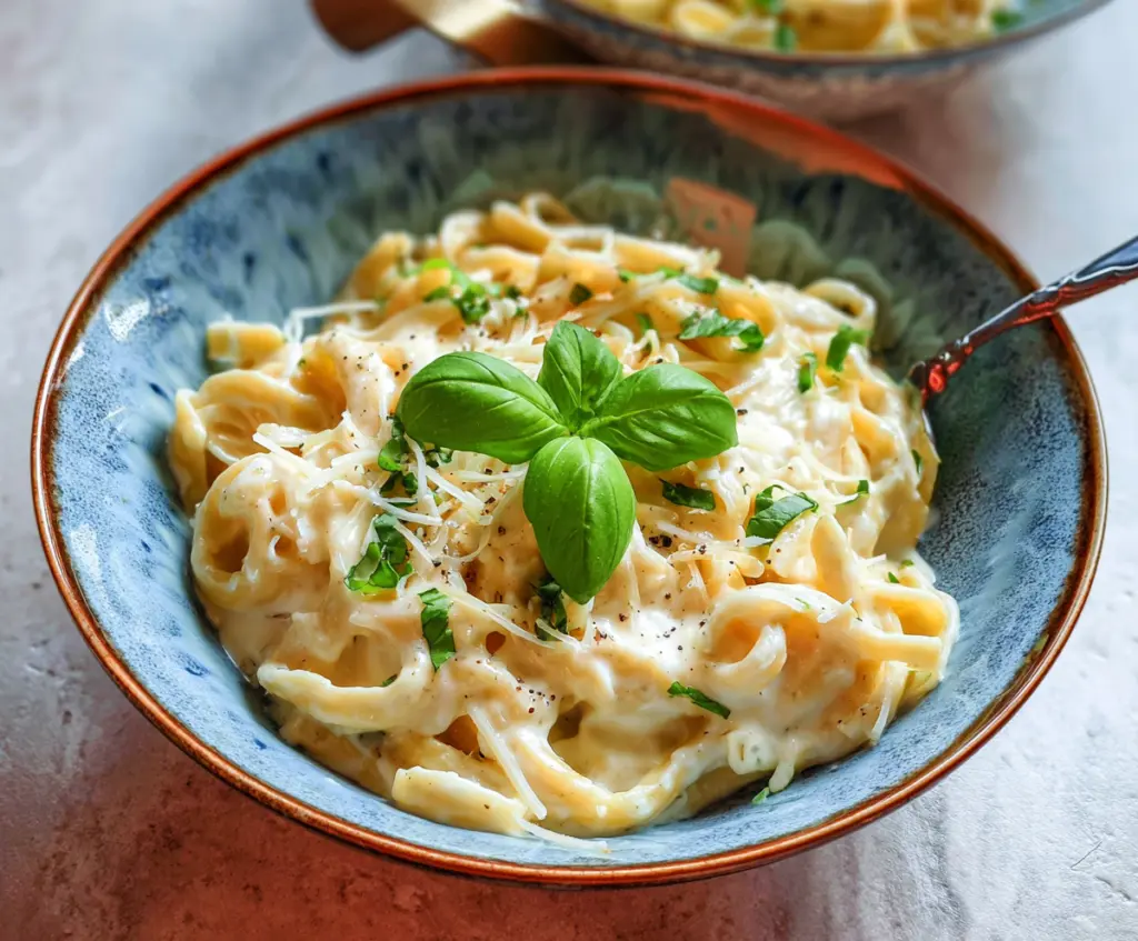 Creamy cottage cheese Alfredo pasta served with herbs and garlic.