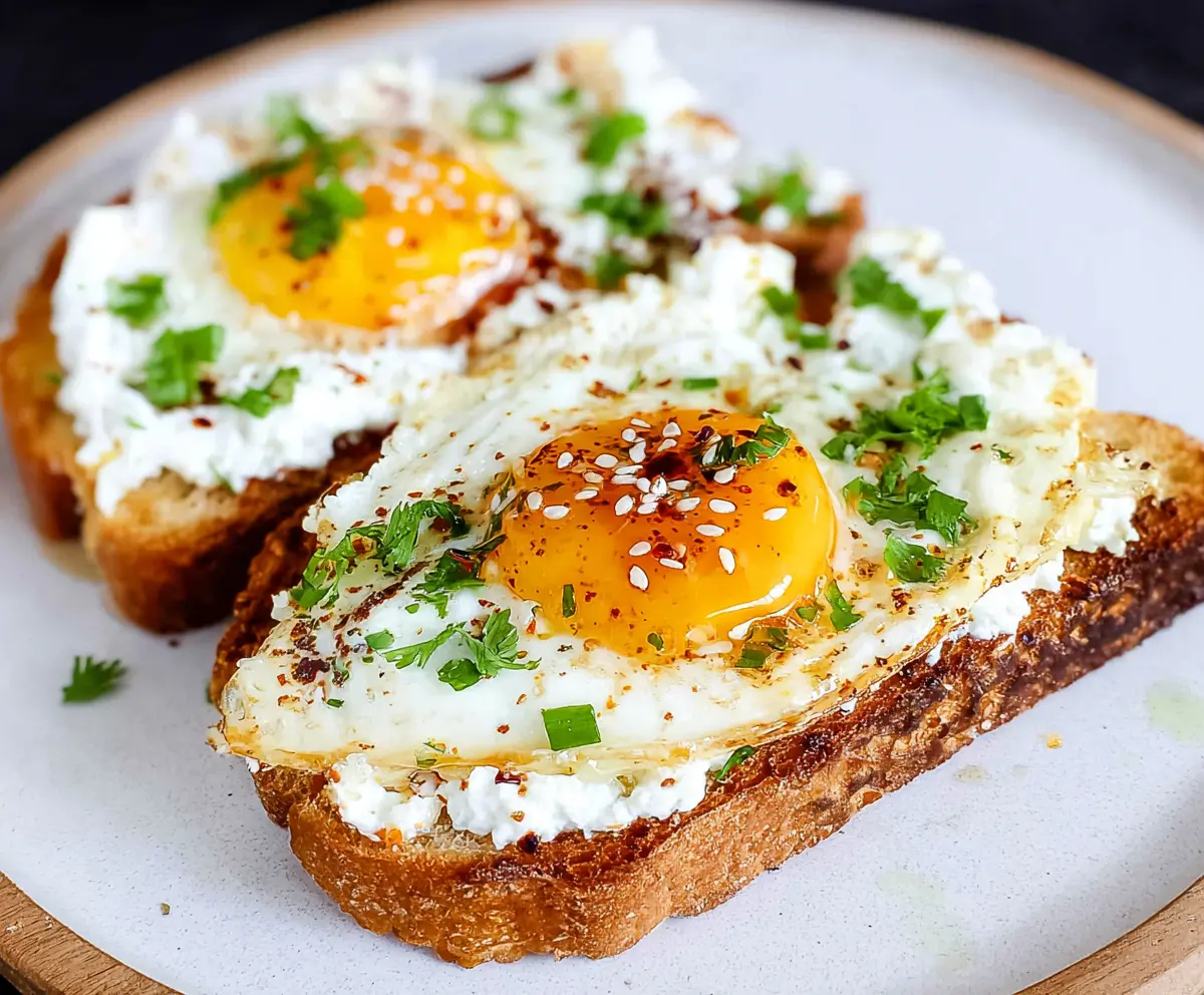 Delicious cottage cheese egg toast served on a plate, showcasing a healthy breakfast option.