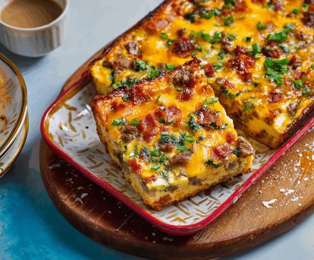 Hearty cowboy breakfast casserole with eggs, sausage, cheese, and vegetables in a baking dish.
