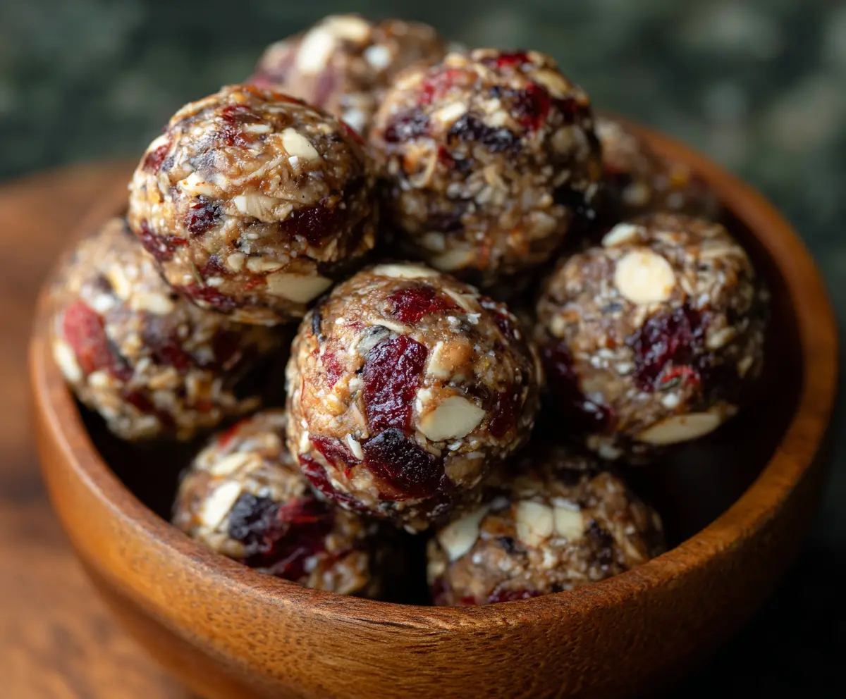 Cranberry Almond Energy Bites on a white plate with fresh cranberries and almonds
