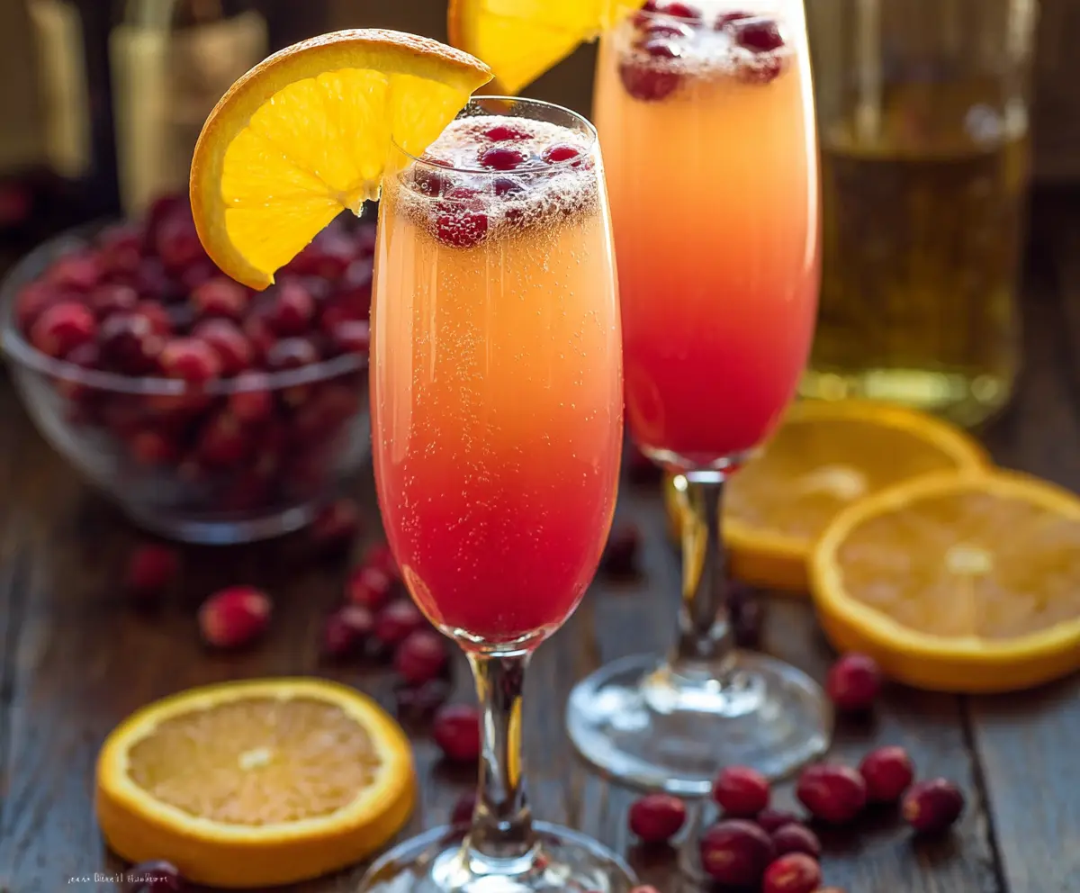Delicious cranberry orange mimosa cocktail served in a glass with fresh cranberries and orange slices.
