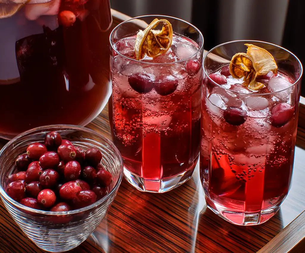 Vibrant cranberry rum punch in a glass garnished with fresh cranberries and mint leaves