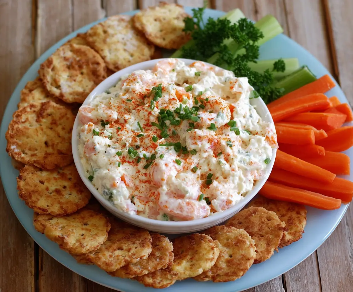 Delicious creamy cream cheese shrimp dip garnished with herbs, perfect for appetizers and parties.
