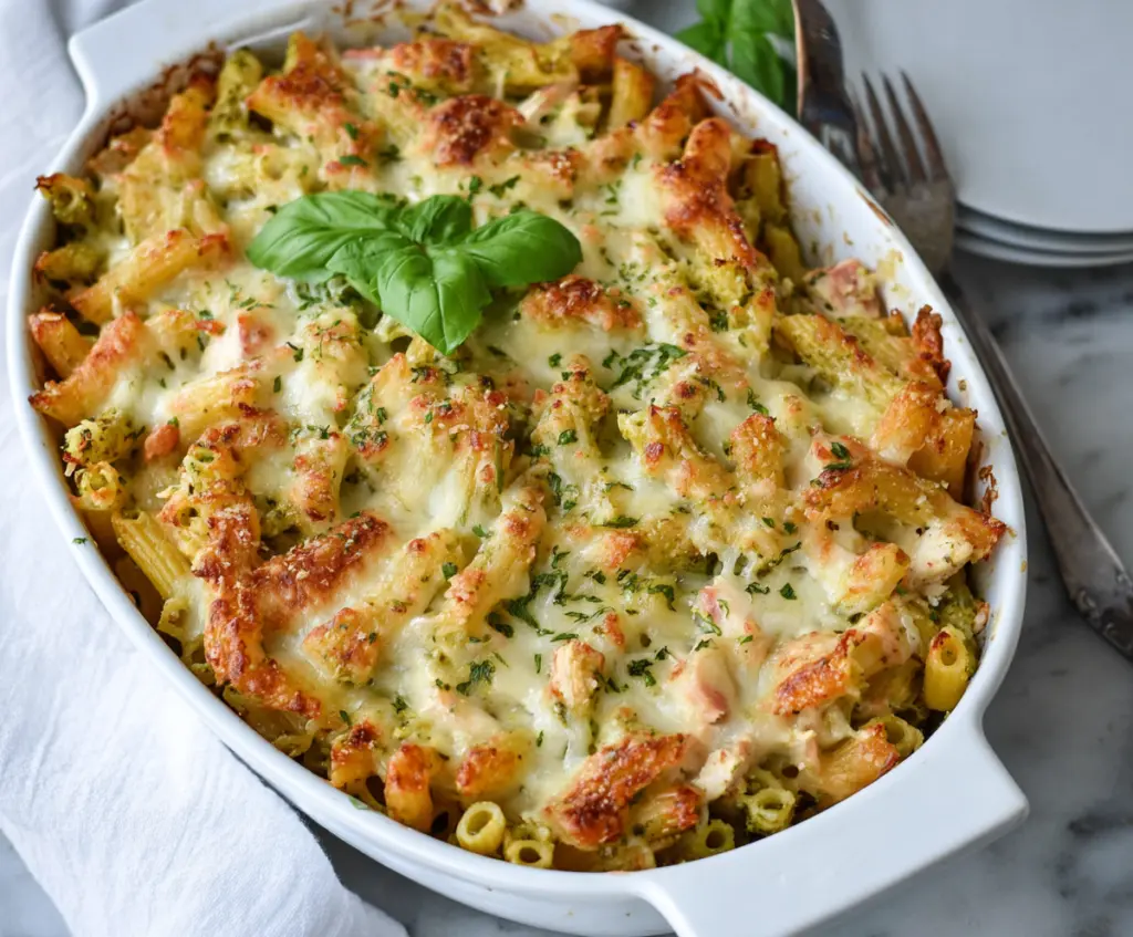 Creamy basil pesto chicken pasta bake in a baking dish, garnished with fresh basil and grated cheese.