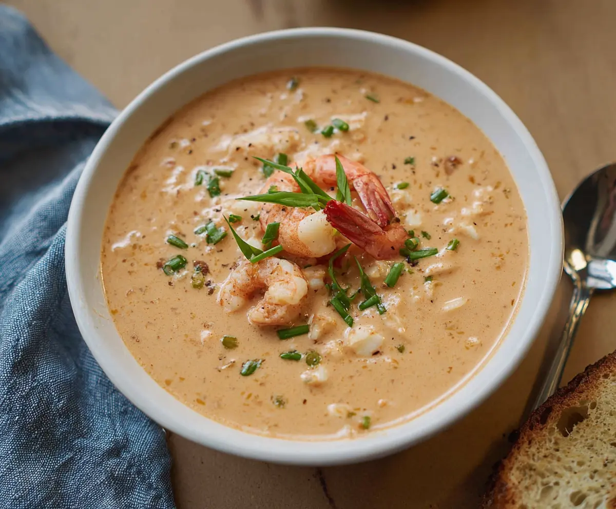 Creamy Crab and Shrimp Seafood Bisque served in a bowl, garnished with fresh herbs.