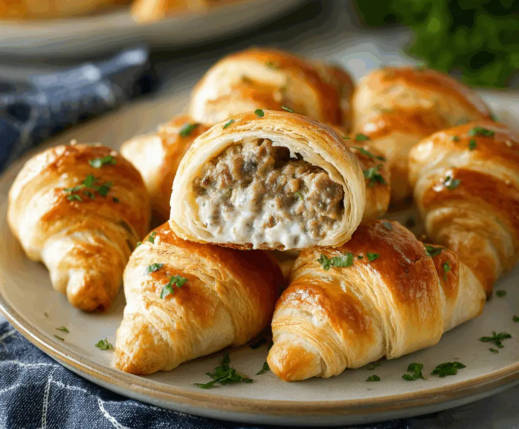 Golden crescent rolls filled with savory sausage and creamy cheese, perfect for snacks or parties.