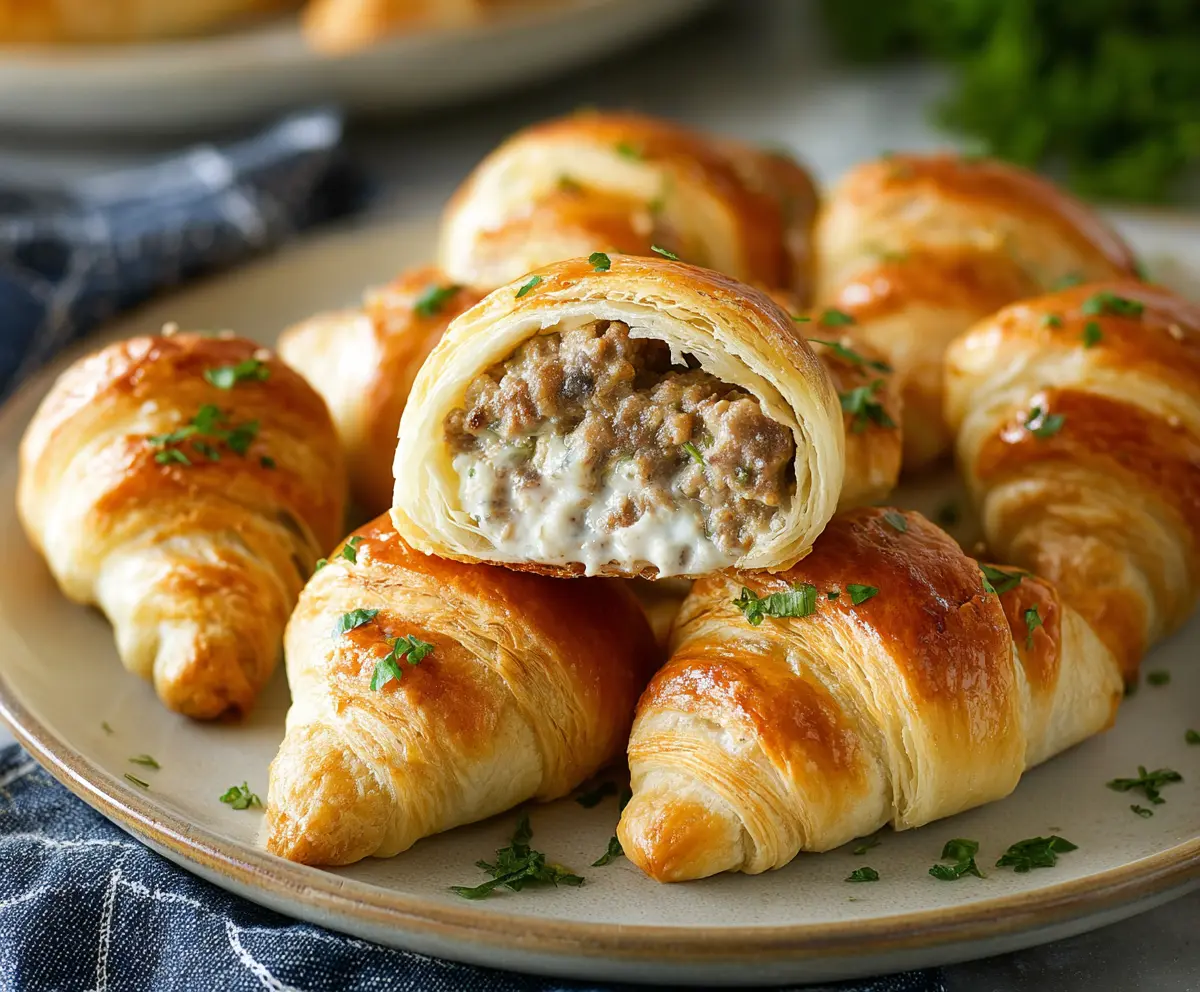 Golden crescent rolls filled with savory sausage and creamy cheese, perfect for snacks or parties.