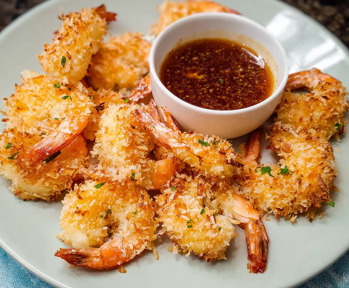 Golden crispy baked coconut shrimp served with a side of dipping sauce on a white plate.