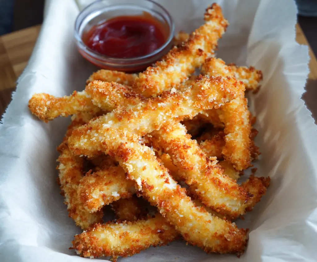 Crispy Chicken Fries served with dipping sauce on a plate