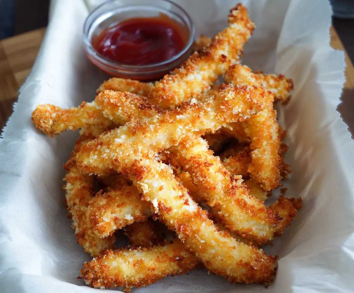 Crispy Chicken Fries served with dipping sauce on a plate