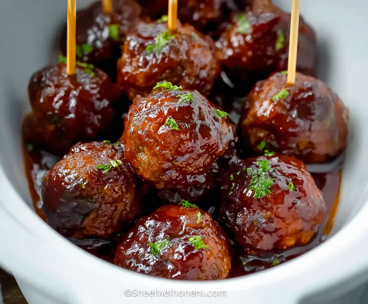 Delicious crockpot grape jelly meatballs cooking in a slow cooker, perfect for entertaining.