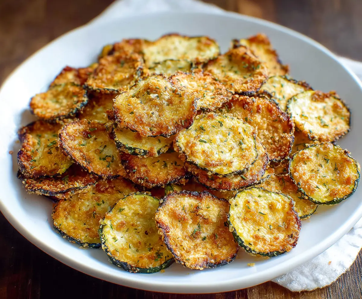 Crispy homemade zucchini chips on a rustic plate, perfect for a healthy snack
