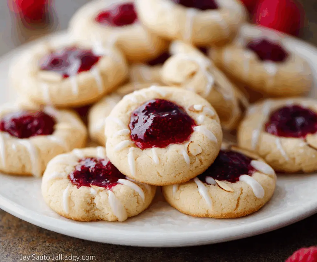 Close-up of delicious raspberry almond thumbprint cookies with a glossy raspberry jam filling and almond flakes.