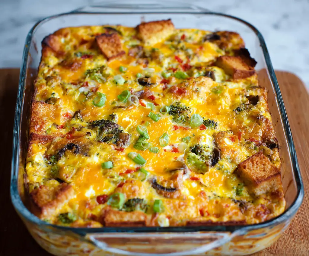 Delicious Egg Breakfast Casserole with melted cheese and fresh herbs on a serving plate.