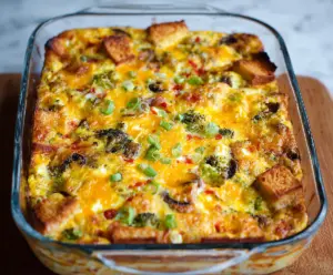 Delicious Egg Breakfast Casserole with melted cheese and fresh herbs on a serving plate.