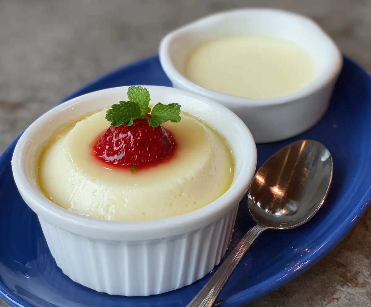 Creamy egg white pudding garnished with fresh berries and mint leaves, perfect for a healthy dessert.