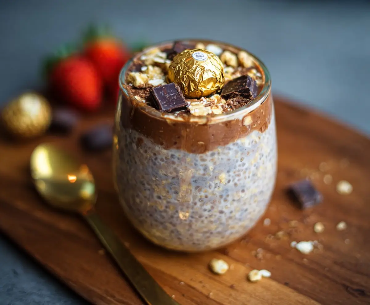 Delicious Ferrero Rocher Overnight Oats topped with chopped chocolates and nuts for a decadent breakfast.