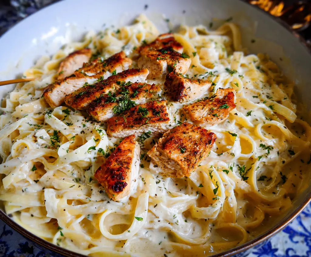 Creamy Fettuccine Alfredo with grilled chicken pieces on a elegant plate.