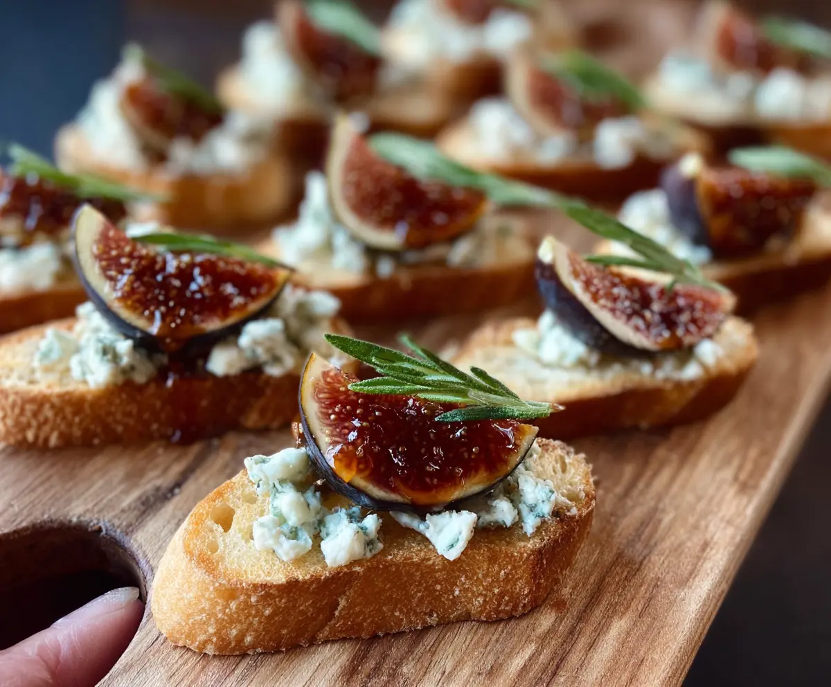 Delicious fig and blue cheese crostini with fresh herbs on a rustic wooden platter