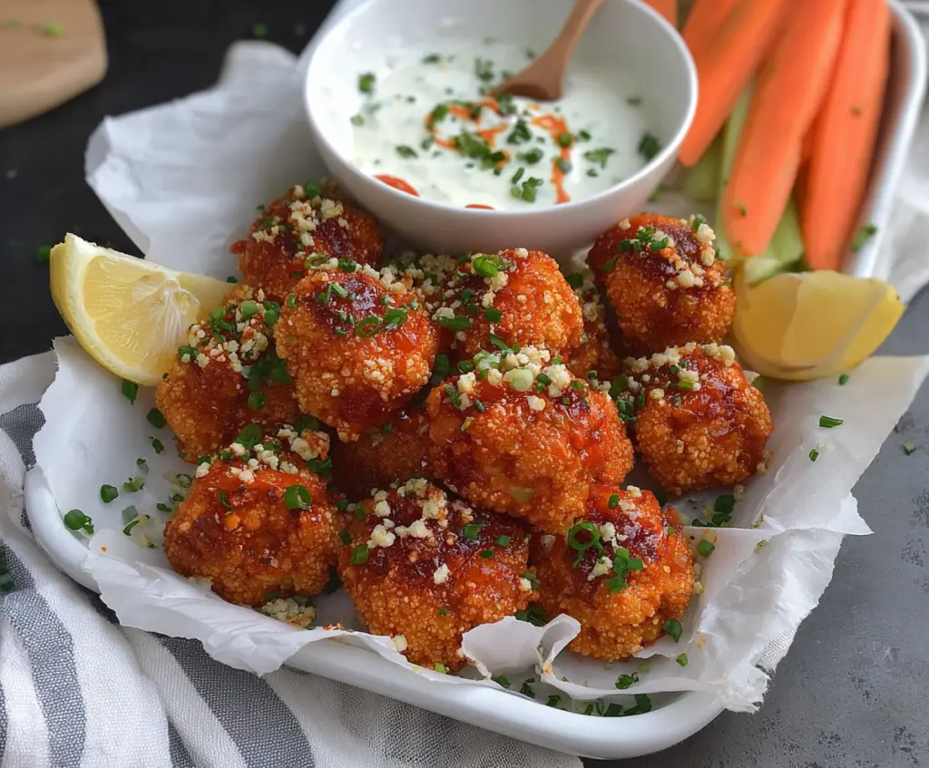 Spicy firecracker cauliflower bites garnished with green onions on a white plate.