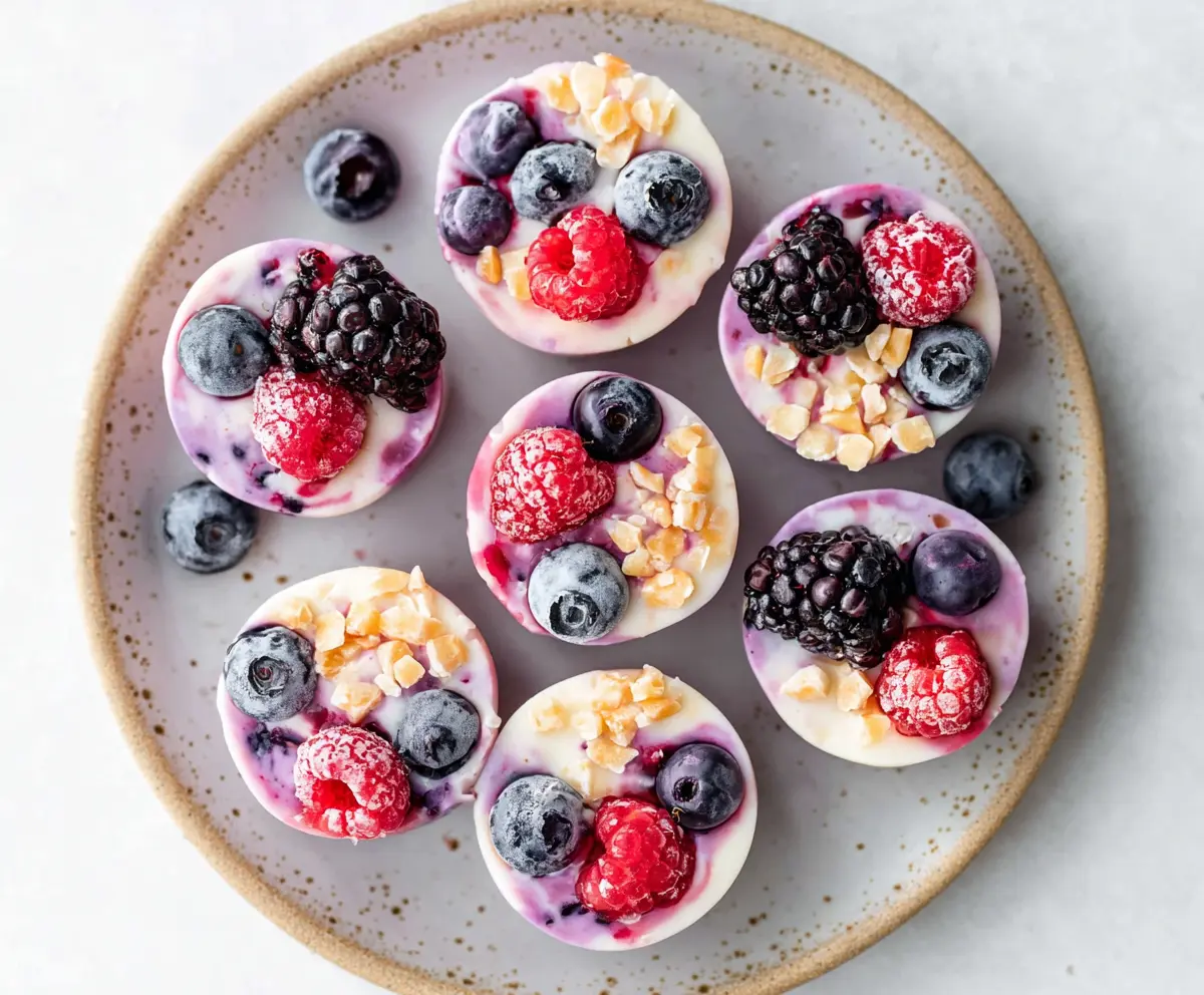 Frozen Greek Yogurt Bites on a plate, showing creamy yogurt with colorful fruit toppings.
