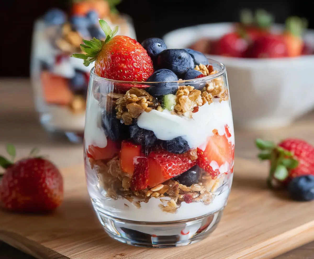Delicious fruit and yogurt parfait layered with fresh berries, sliced bananas, and creamy Greek yogurt.
