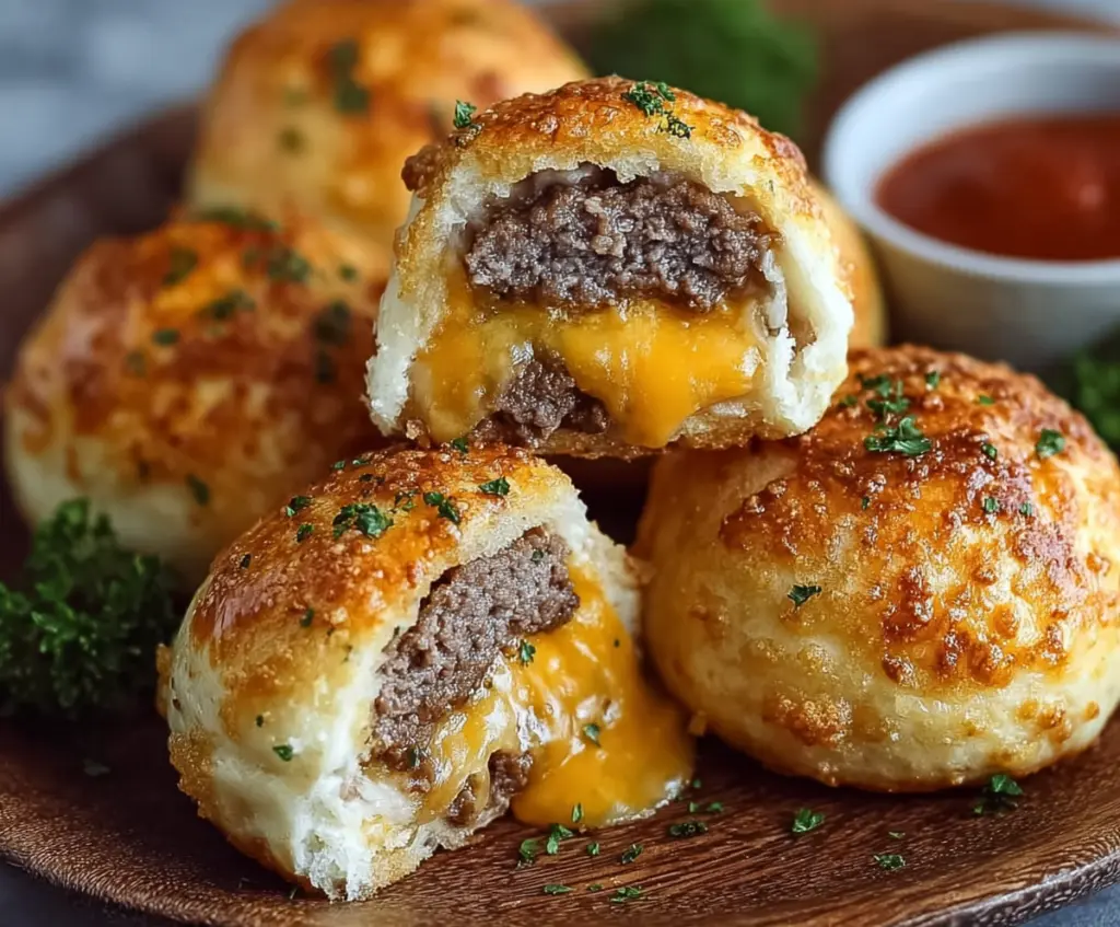 Golden Garlic Parmesan Cheeseburger Bombs with melted cheese and crispy crust on a plate.