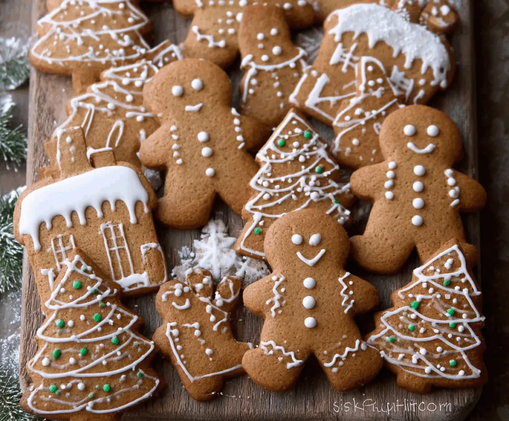 Delicious homemade gingerbread biscuits decorated with icing for the holidays.