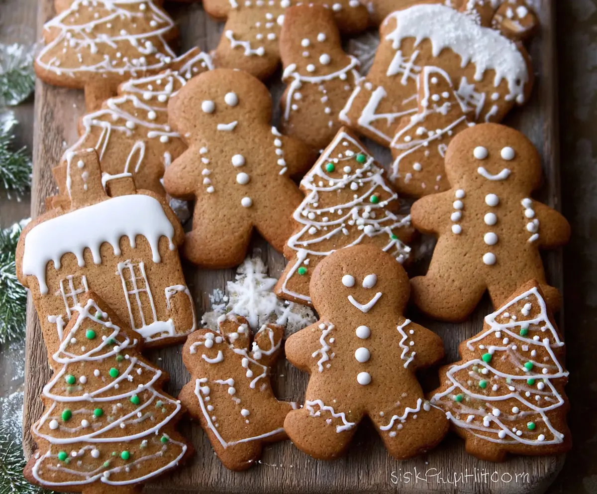 Delicious homemade gingerbread biscuits decorated with icing for the holidays.