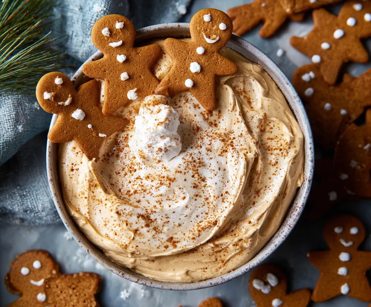 Creamy gingerbread cheesecake dip garnished with crushed graham crackers and cinnamon for a festive treat.