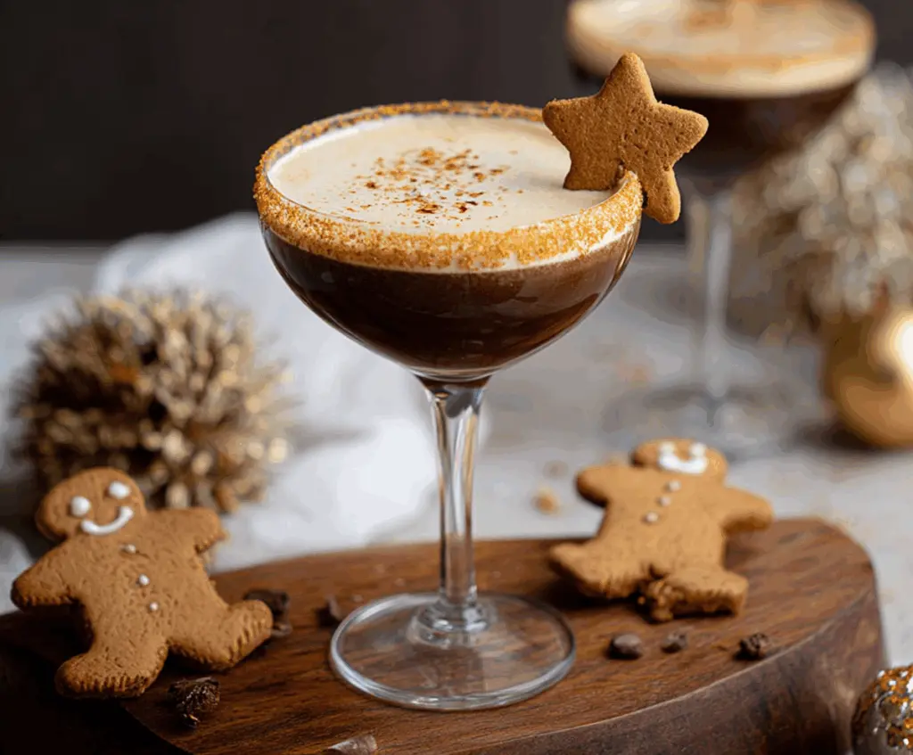 Delicious Gingerbread Espresso Martini served in a cocktail glass with a cinnamon garnish for holiday cheer.