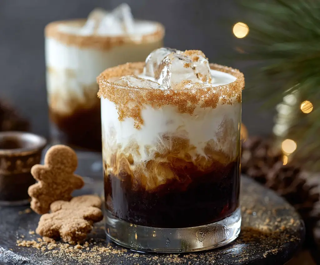 Creamy Gingerbread White Russian cocktail garnished with cinnamon and ginger on a festive table