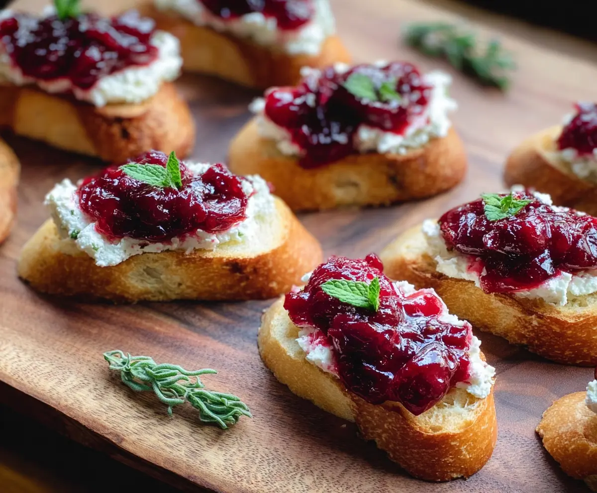 Delicious goat cheese and cranberry crostini appetizer on a white plate.