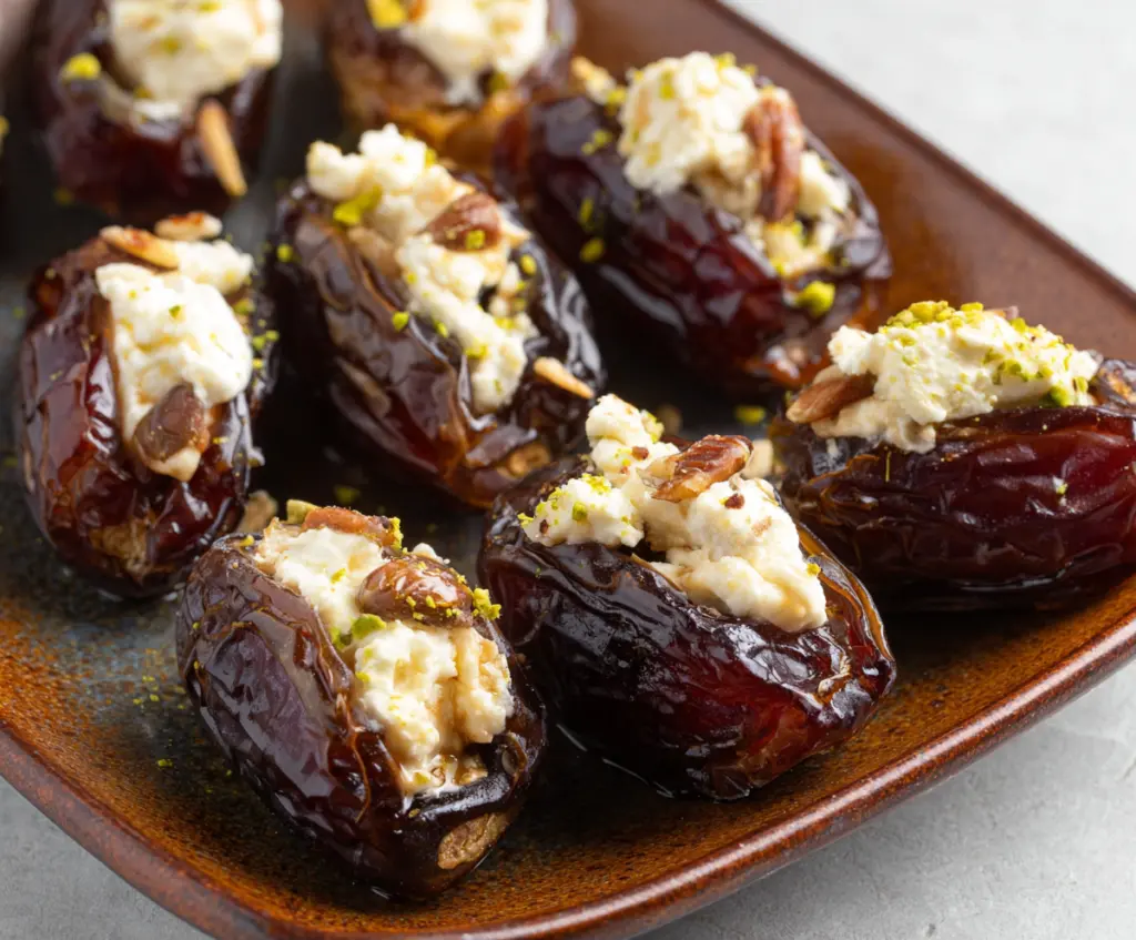 Delicious goat cheese stuffed dates garnished with herbs on a plate