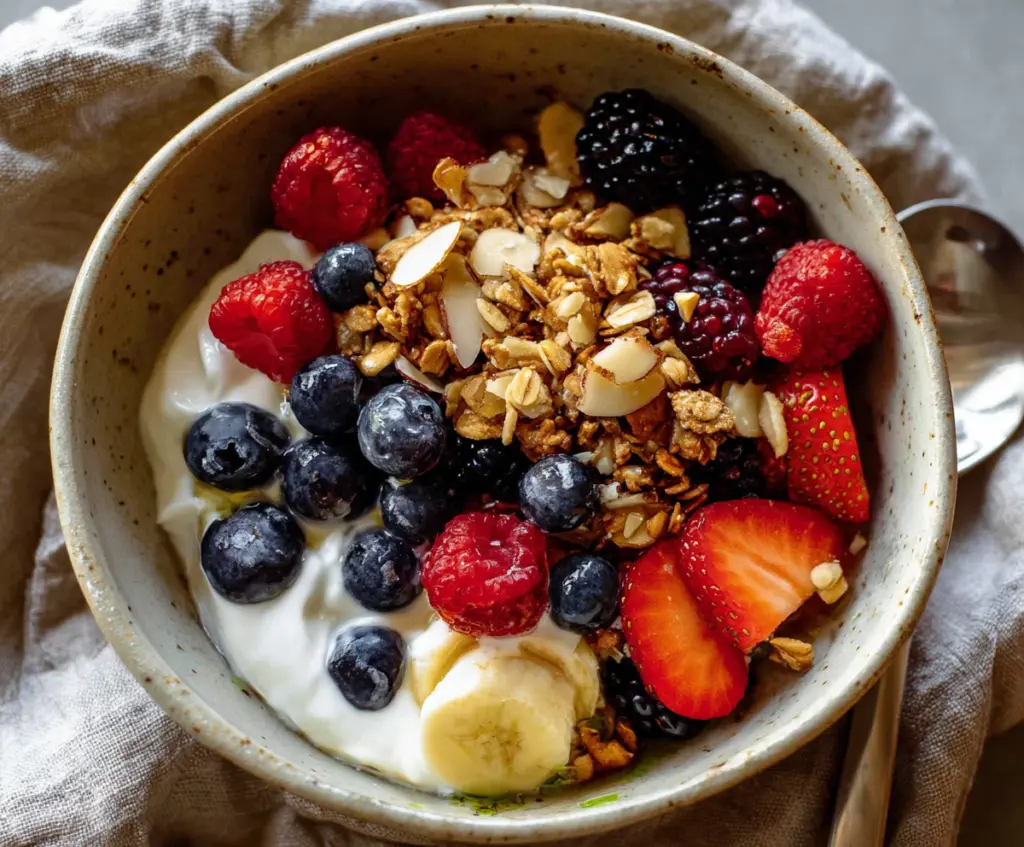 Healthy Greek yogurt bowl topped with fresh berries and honey, perfect for breakfast or snack.