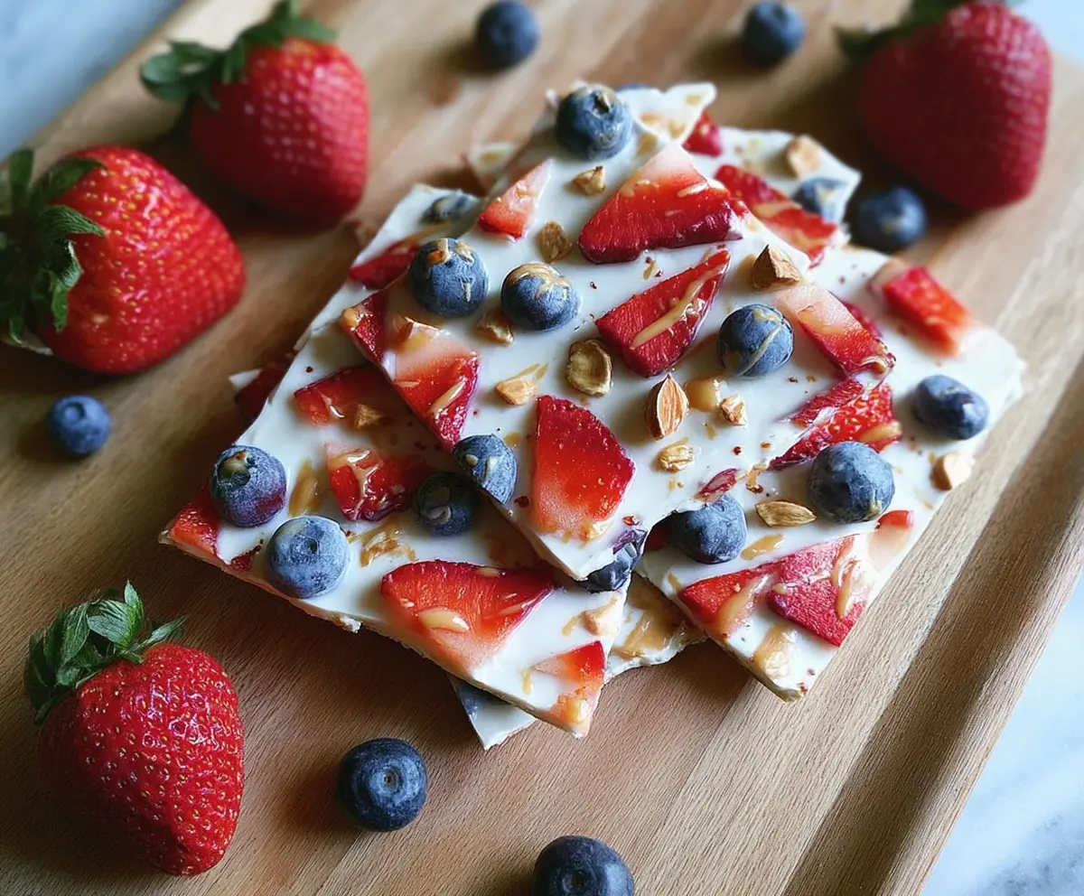 Healthy Greek Yogurt Protein Bark topped with mixed nuts and berries for a nutritious snack.