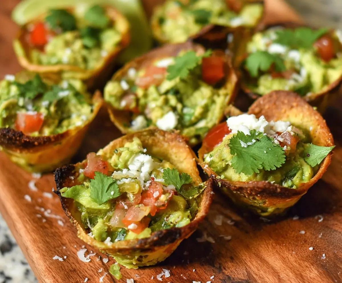 Delicious guacamole served in crispy cups, perfect for snacking or party appetizers.