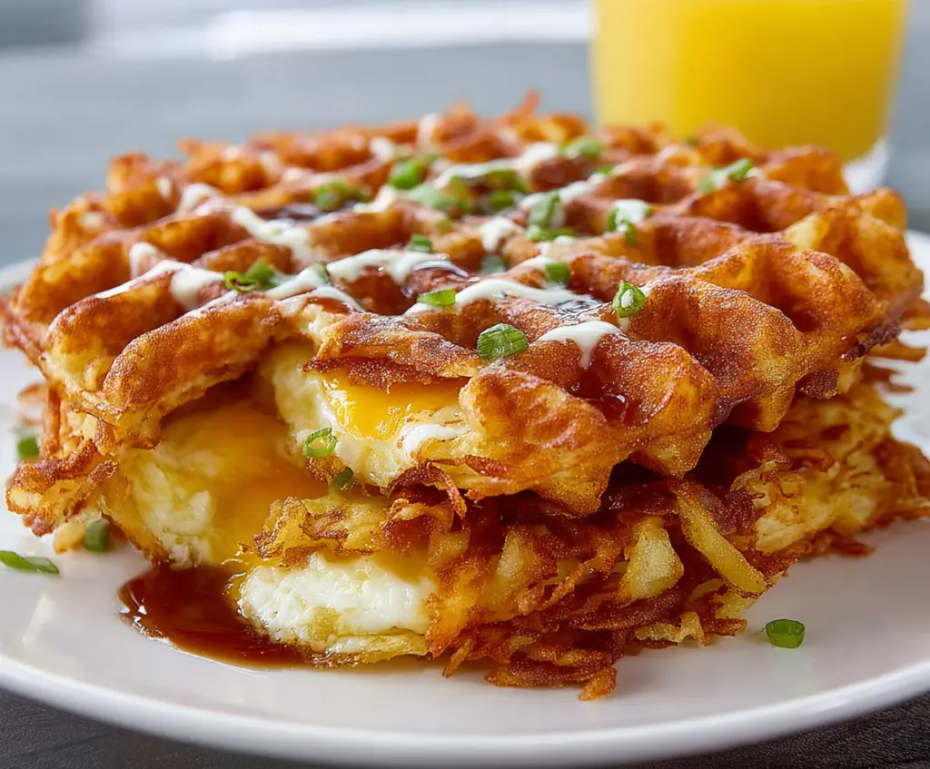 Crispy hash brown waffles served with a side of fresh herbs and dipping sauce