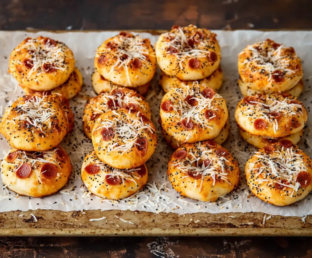 Delicious homemade Bagel Bites topped with melted cheese and savory toppings.