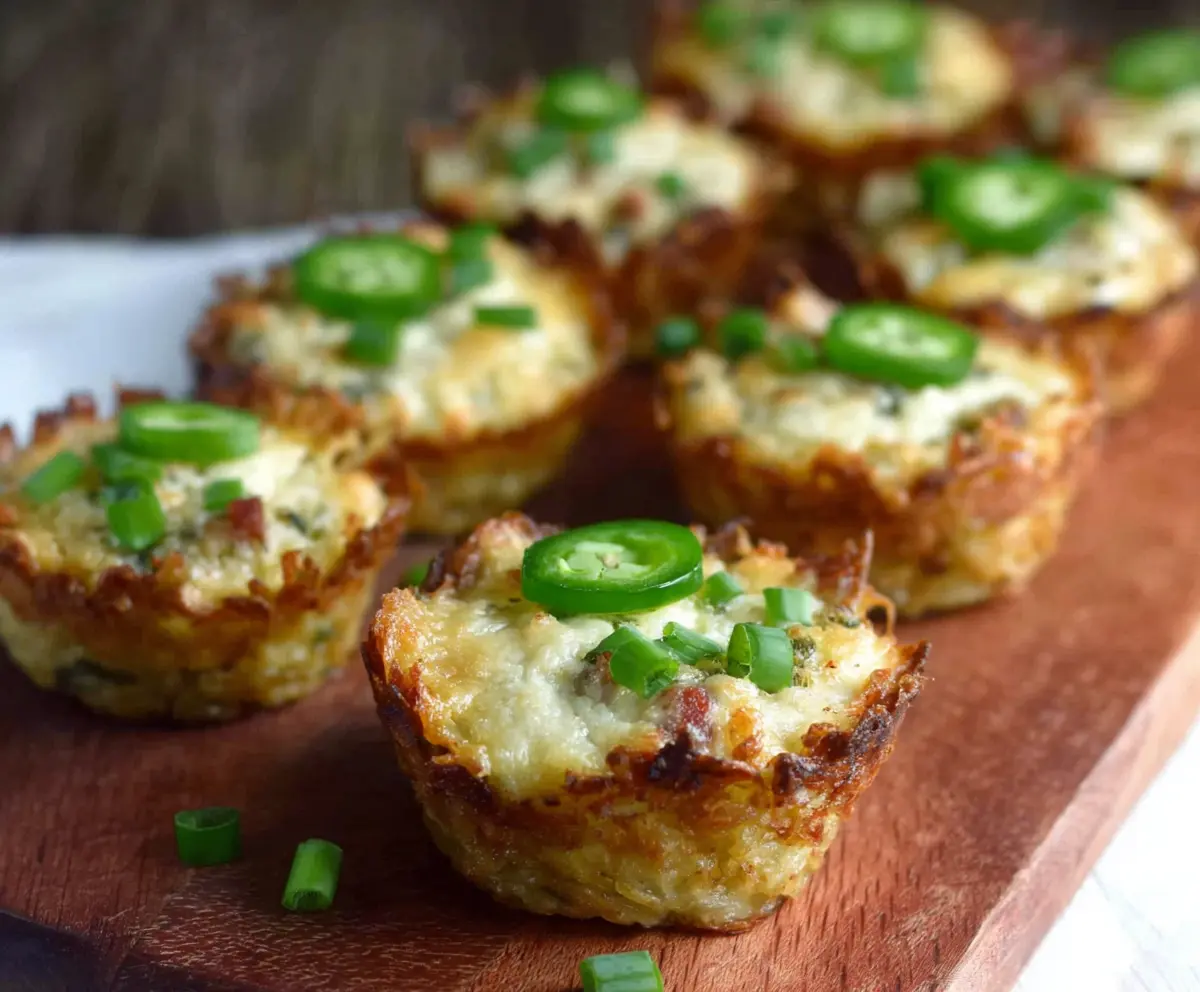 Delicious Jalapeno Popper Hash Brown Cups with melted cheese and crispy bacon on top.