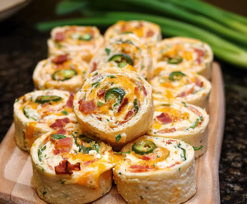 Delicious jalapeno popper pinwheels with cream cheese and crispy bacon, perfect as appetizers.
