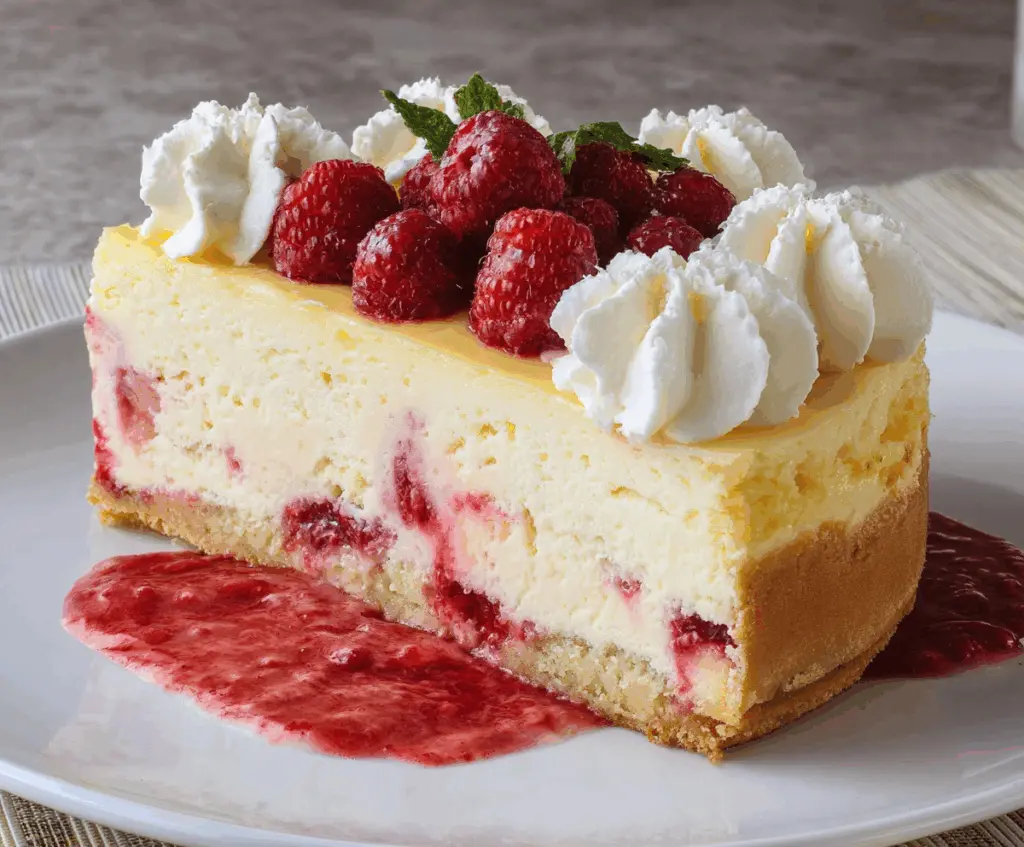 Delicious Lemon Raspberry Cream Cheesecake with fresh berries and a creamy texture.